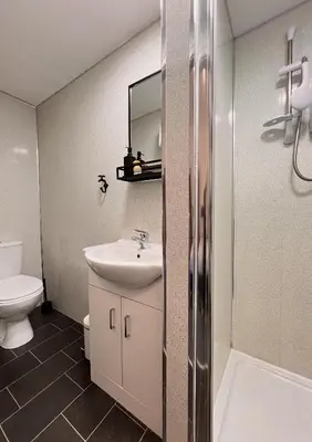 a bathroom with a sink and a toilet and a mirror at Apartment 1 in Blackpool