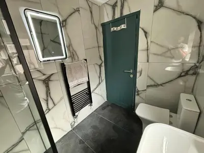 a bathroom with a green door and a toilet at ENTIRE LUXURY HOUSE near CITY CENTRE - FREE PARKING in Liverpool