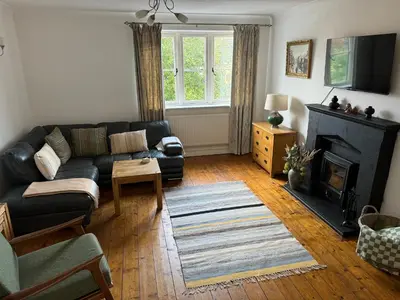 a living room with a black couch and a fireplace at Sunshine cottage in Horwich
