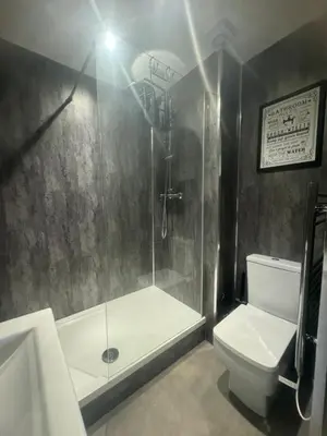 a bathroom with a shower and a toilet at 38 Everton Road Free onsite parking in Liverpool