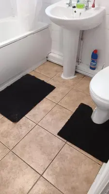 a bathroom with a sink and a toilet and black rugs at Noble Prestige Place in Liverpool