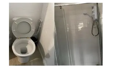 a bathroom with a toilet and a shower at Great House 5 Min walk 2 Beach best locations in Blackpool in Blackpool