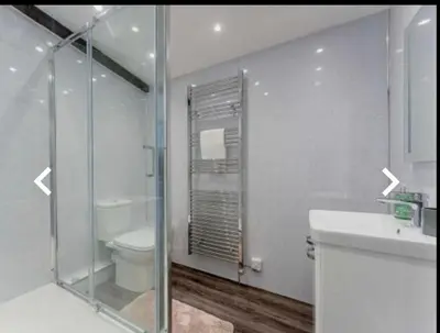 a bathroom with a shower and a toilet and a sink at The Cow Shed in Longton