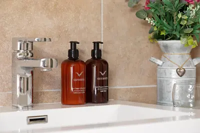 two bottles of soap sitting on a bathroom sink at heft view at rose cottage - opp heft restaurant in Grange Over Sands