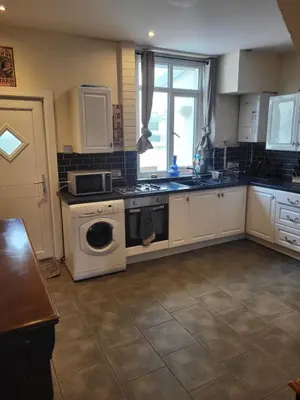 a kitchen with a stove and a washing machine at Cosy cottage in Chorley