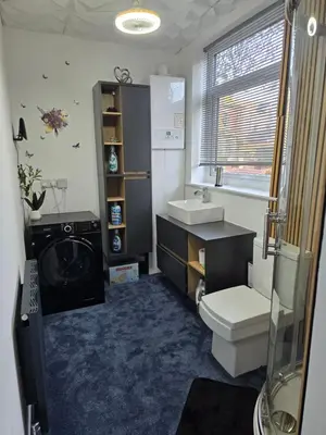 a bathroom with a toilet sink and a washing machine at Ensuite room with private entrance and private garden in Blackpool