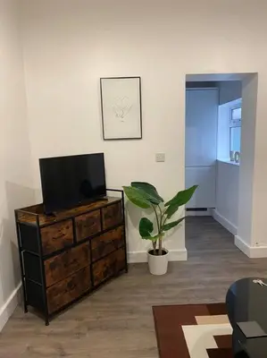 a living room with a tv on a dresser with a plant at Beautiful & Spacious Suite in Blackpool Centre in Blackpool