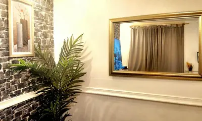 a mirror on a wall next to a plant at Luxury King-size Rm in Bolton