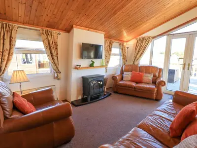 a living room with leather furniture and a stove at Kellet Lodge Lakeside 26 in Carnforth