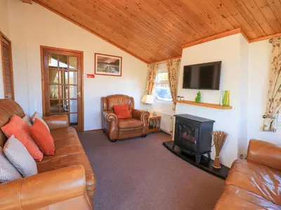 a living room with a couch and a stove at Kellet Lodge Lakeside 26 in Carnforth