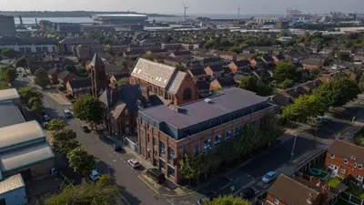 an overhead view of a city with a building at No 27 Liverpool in Liverpool
