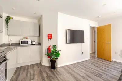 a kitchen with white cabinets and a potted plant at Bright 1-Bed Apartment In City Centre Liverpool in Liverpool