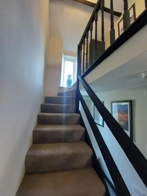 a staircase in a home with brown carpeted stairs at Sunny Bank, Cark-in-Cartmel in Cark