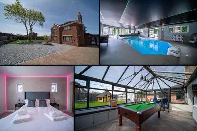 a collage of pictures of a house with a pool table at 20 Guest Luxury Stay - Private Pool, Hot Tub & Gym in Lytham St Annes