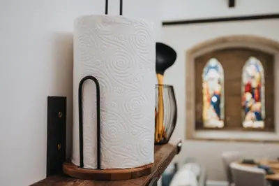 a roll of paper towels sitting on top of a table at The Spire! Historic Features Rare 1800s Church in Waterloo
