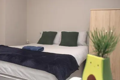 a bedroom with a bed with green pillows and a plant at true and fruitful vine by Everton and Liverpool footy club in Liverpool