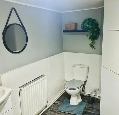 a bathroom with a toilet and a sink and a mirror at Specious Liverpool Central Apartment in Liverpool