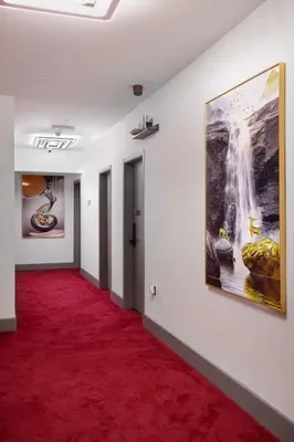 a hallway with a red carpet and paintings on the wall at Empire Inn in Blackpool