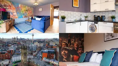 a collage of photos of a apartment with a city at City centre two bedroom apartment in the heart of Liverpool in Liverpool
