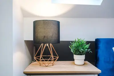 a lamp on a table with two potted plants at Beautiful Home In Bolton in Bolton