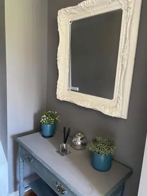 two potted plants sitting on a table under a mirror at The Old Nursery in Blackburn