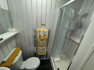 a small bathroom with a toilet and a shower at The Golden Sands in Blackpool