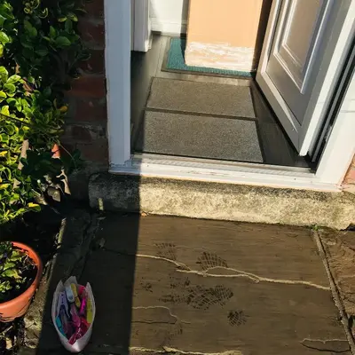 a doorstep with an open door with a plant at Sefton Cottage in Ormskirk