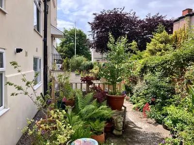 a garden with potted plants on the side of a building at 2 Bedroom Beachside House Sleeps 4 - Private Patio in Southport