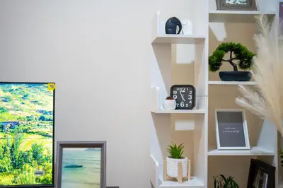 a living room with a tv and shelves with plants at Kirkdale Apartment in Liverpool