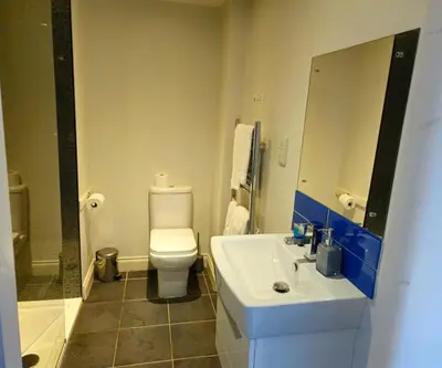 a bathroom with a toilet and a sink and a mirror at 167,ormskirk road in Wigan