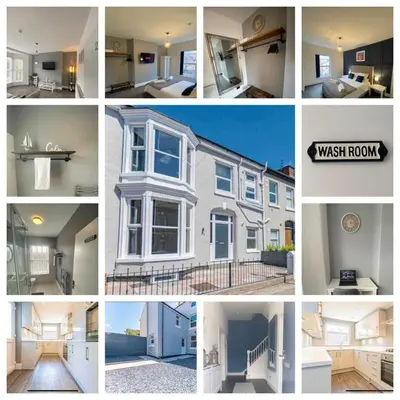 a collage of photos of a house at Flat2 large modern King Bed Flat, private bathroom Ryan's place in Walton on the Hill