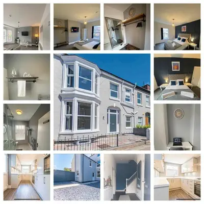 a collage of photos of a house at Flat3 large modern king Bed flat private bathroom ryan's place in Walton on the Hill