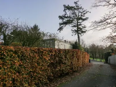 a hedge in front of a house with a tree at Elderflower Lodge in Grange Over Sands