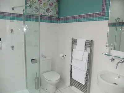a bathroom with a toilet and a shower and a sink at FourRooms - Couples Only in Blackpool