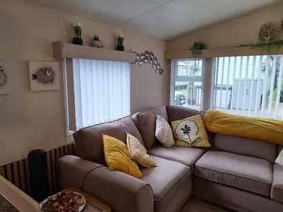 a living room with a brown couch and two windows at 11 Borwick Lakes in Carnforth