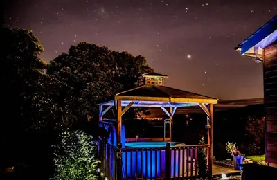 a gazebo at night with the stars at Haven Lodge Kirkby In Furness, with views to the estuary and hot tub, ideal romantic break in Soutergate