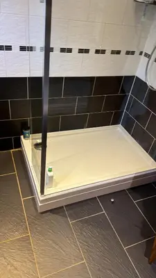 a shower stall with a white counter in a bathroom at Lilac Cottage in Farington