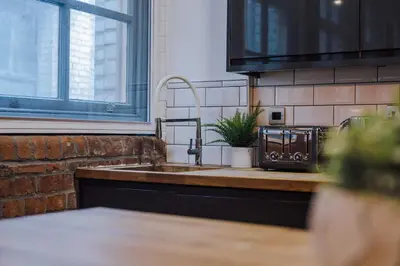 a kitchen sink with a potted plant on the counter at Industrial 2BR Apt, Liverpool City Centre Sleeps 8 in Liverpool