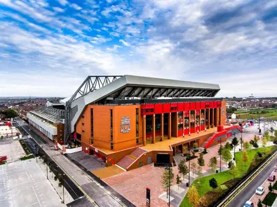an overhead view of a football stadium at Work Desk Shared Kitchen Budget Parking in Liverpool