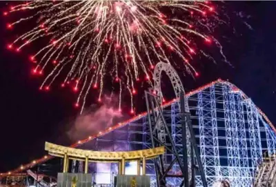 a fireworks display over the roller coaster at Seaside Suites sleep 8 in Blackpool