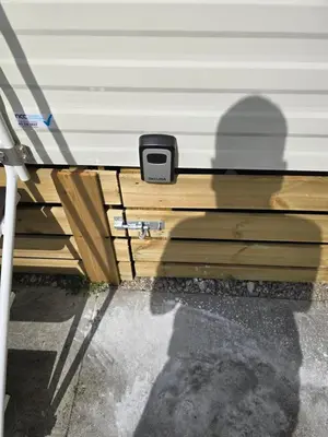a close up of a door of a trailer at 8 berth Caravan in Morecambe