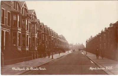 an old black and white photo of a street with buildings at RockDene in Blackpool
