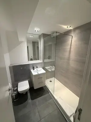 a bathroom with a shower and a toilet and a sink at 5 Halifax House Apartment 7 in Liverpool