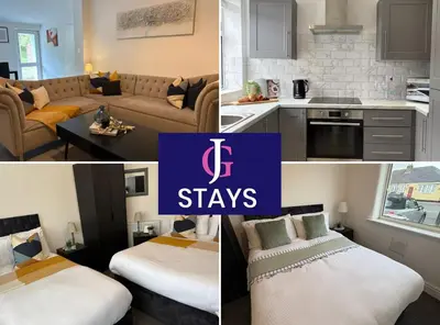 a collage of photos of a kitchen and a living room at Spacious Bungalow in St Helens, 1-Min Drive to Carr Mill Bridge in Saint Helens