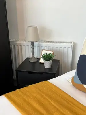 a bedside table with a lamp and a plant on it at Spacious Bungalow in St Helens, 1-Min Drive to Carr Mill Bridge in Saint Helens