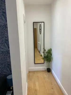 a hallway with a mirror and a potted plant at The Fortress in Lytham St Annes