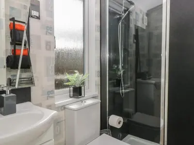 a bathroom with a toilet and a sink and a shower at Gressingham View Lodge in Carnforth