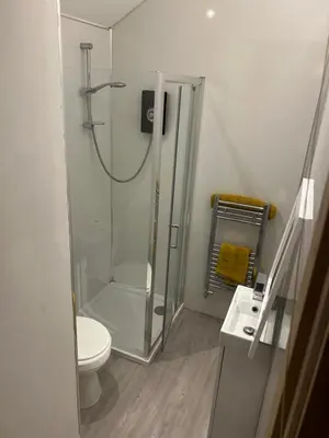 a bathroom with a shower and a toilet at Oswaldtwistle Farmhouse in Oswaldtwistle