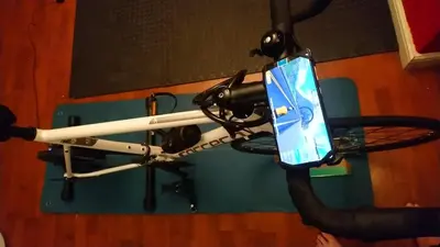 a cell phone hooked up to a bikeopter at Home in Liverpool in Liverpool