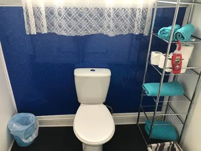a bathroom with a white toilet and a blue wall at The Butterfly Hotel in Blackpool